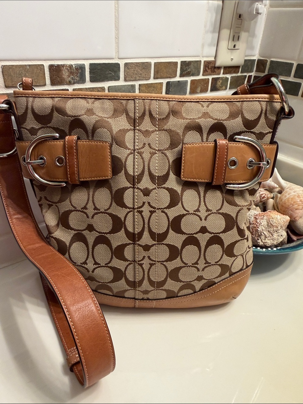 Coach SOHO Tan and Brown Signature shoulder/crossbody bag
